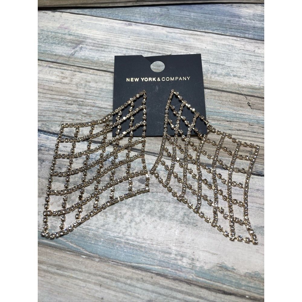 Rhinestone Net Dangle Drop EARRINGS Gold Tone large NWOT